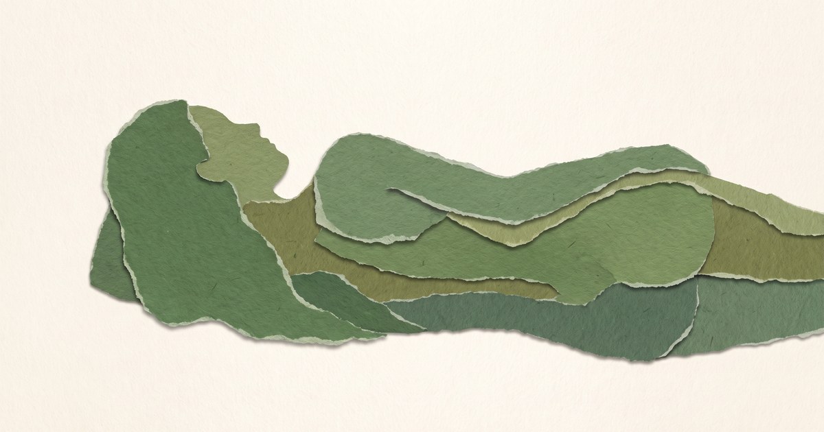 Papierschnitt in Grüntönen: die Umrisslinie eines auf der Seite liegenden Menschen, aus mehreren übereinander gelegten Papierlagen aufgebaut, ohne Gesichtszüge.