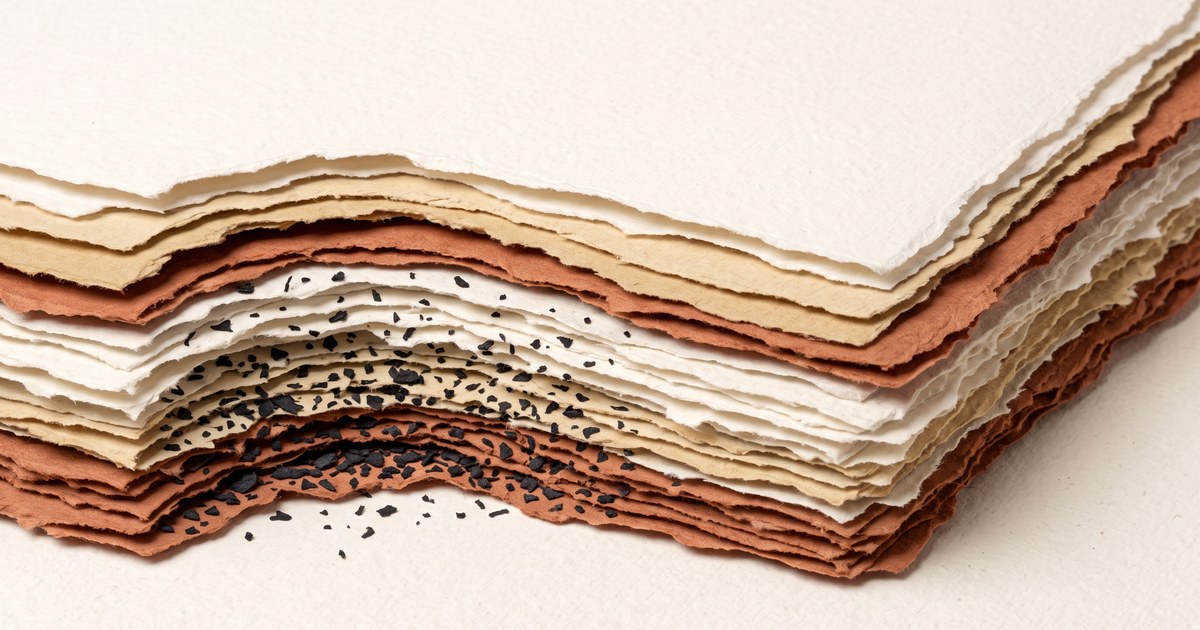 Papierschnitt-Illustration: aufgeschnittene Papierschichten, in deren Tiefe sich dunkle Partikel sammeln — Sinnbild für Hausstaubmilben in der Matratze