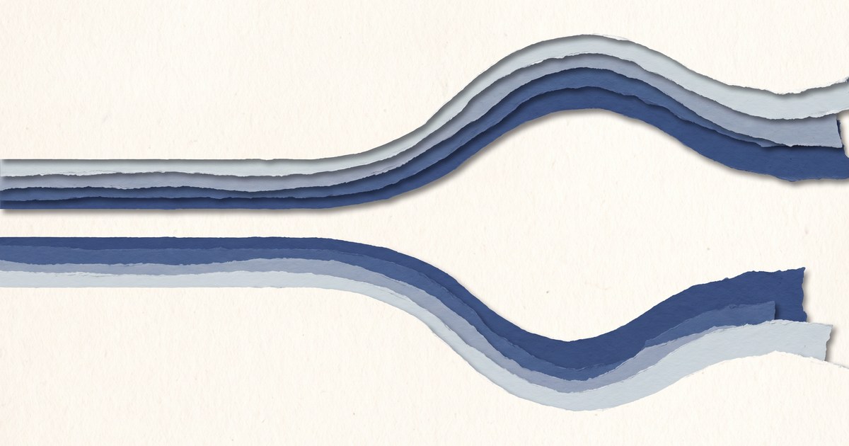 Papierschnitt-Illustration: zwei zunächst deckungsgleiche Bänder driften nach rechts immer weiter auseinander — Sinnbild für den Jetlag