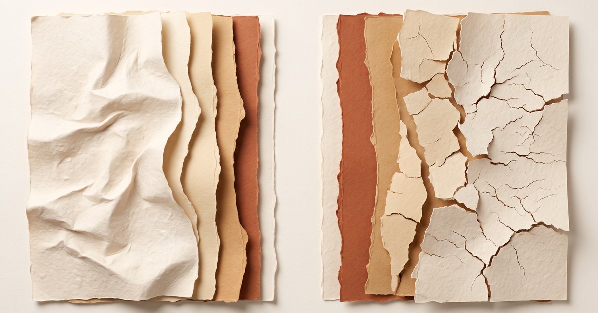 Papierschnitt-Illustration: links aufgequollene wellige Papierschichten für zu hohe Luftfeuchtigkeit, rechts rissig aufgesprungene für zu trockene Luft