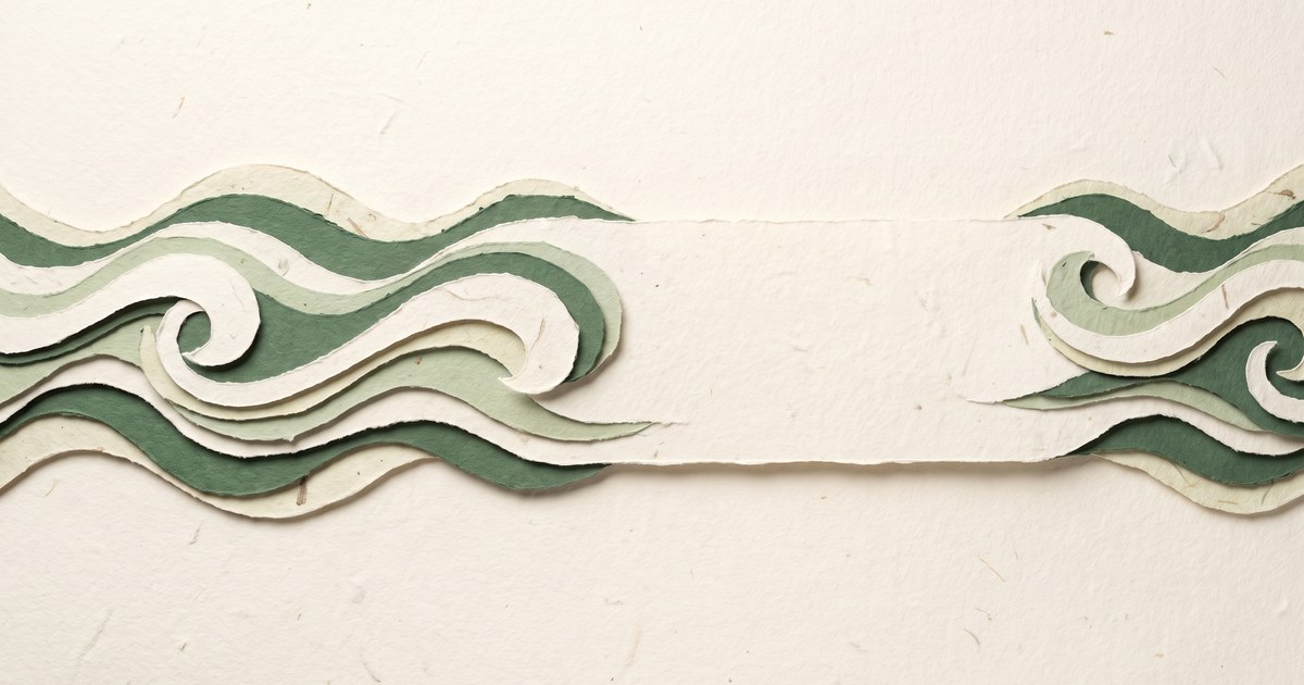 Papierschnitt-Illustration: ein rhythmisches Wellenband aus Papier, das in der Mitte für eine lange Strecke flach ausläuft und dann wieder einsetzt — ein Atemaussetzer