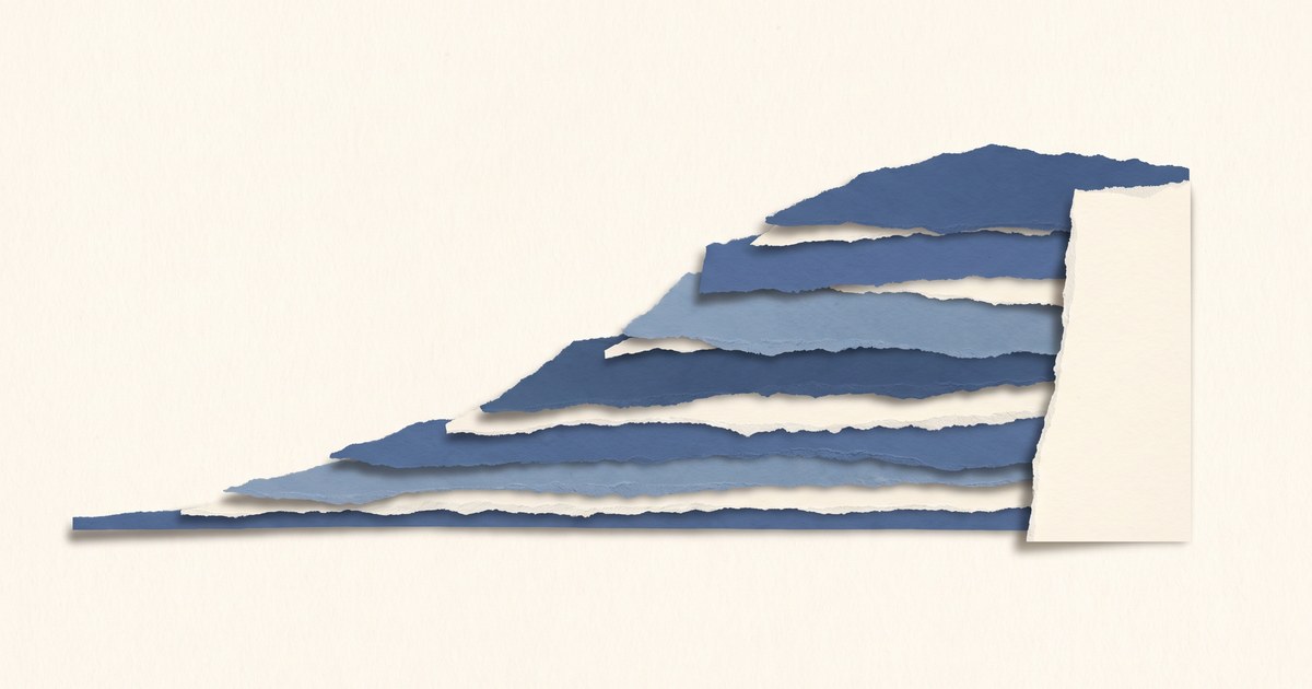 Papierschnitt: eine stetig ansteigende Schichtung, die am rechten Rand abrupt abfällt — Aufbau und Abbau des Schlafdrucks