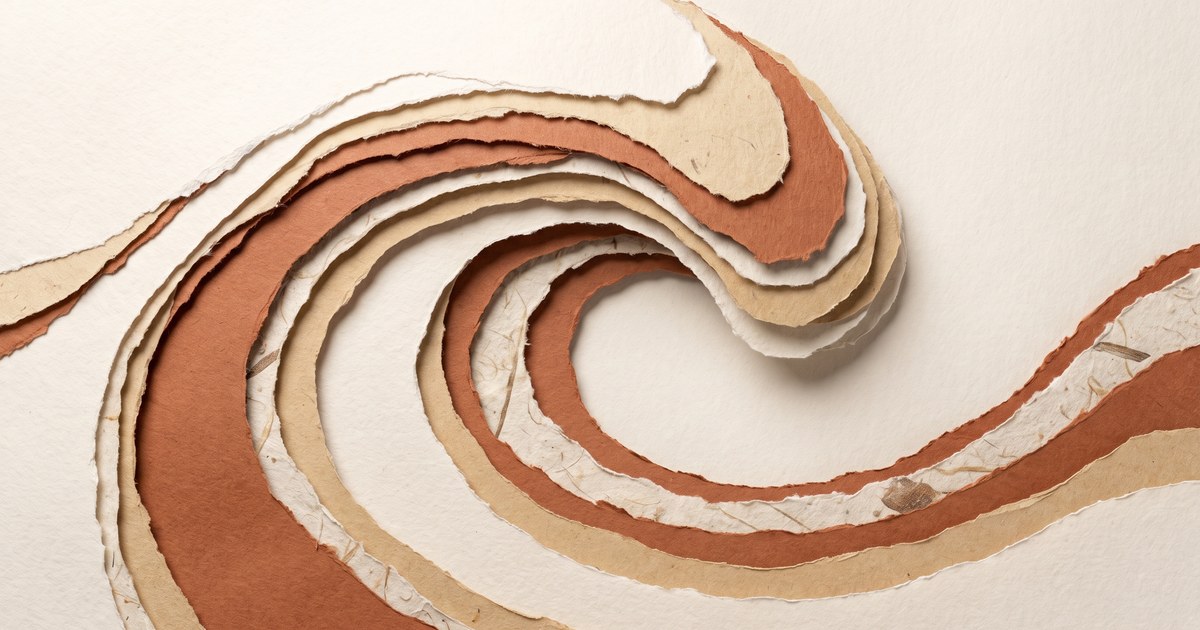 Papierschnitt-Illustration: eine große, langsam rollende Welle aus geschichtetem Papier — Sinnbild für die Bewegung im Wasserbett